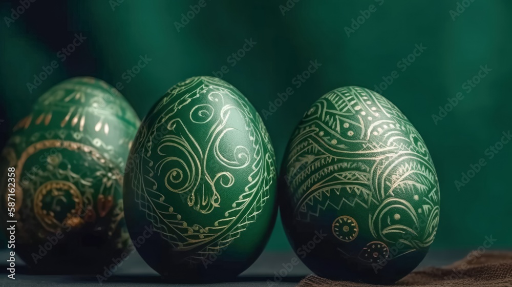 Painted easter eggs on a rich green background Painted easter eggs on a rich green background