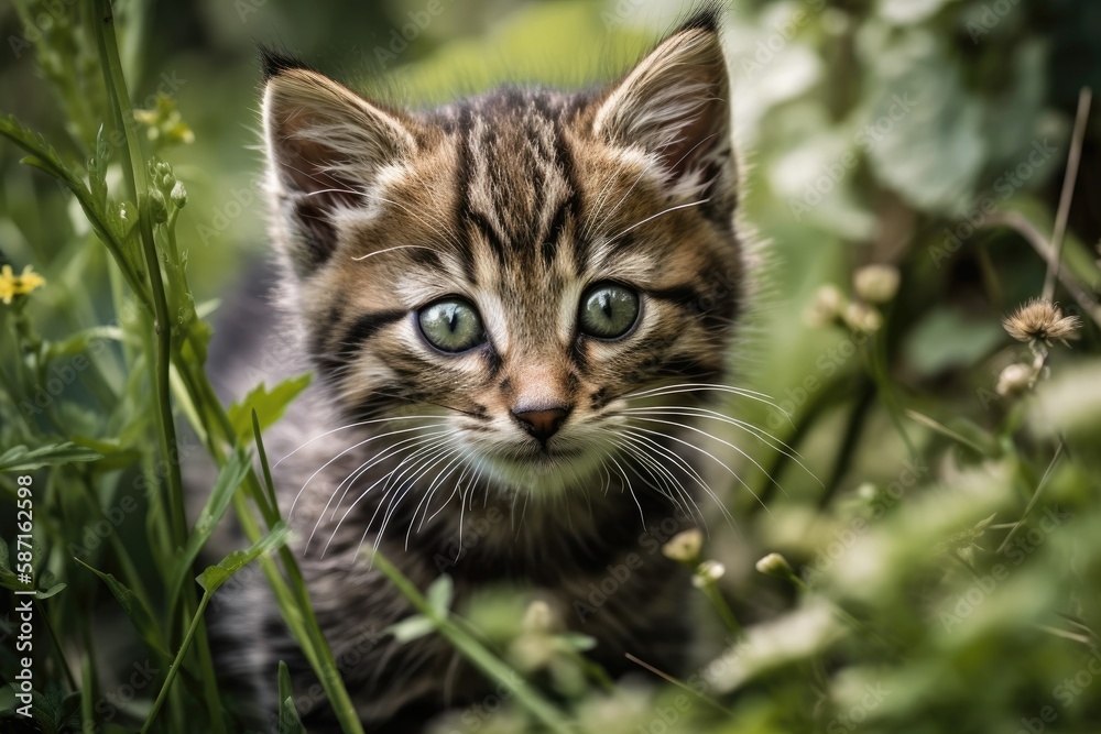 Playing in the garden is a fluffy tabby kitty. Generative AI