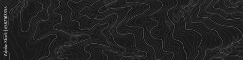 The stylized height of the topographic contour in lines. The concept of a conditional geography scheme and the terrain path. Black & White. Ultra wide size. Vector illustration.	