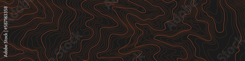 The stylized height of the topographic contour in lines. The concept of a conditional geography scheme and the terrain path. Black & White. Ultra wide size. Vector illustration.	
