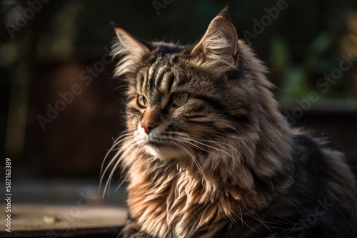Brown tabby mackerel female cat, a siberian breed beauty cat. Generative AI