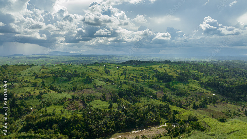 Fototapeta premium Farmland and mountains with green forest. Negros, Philippines.