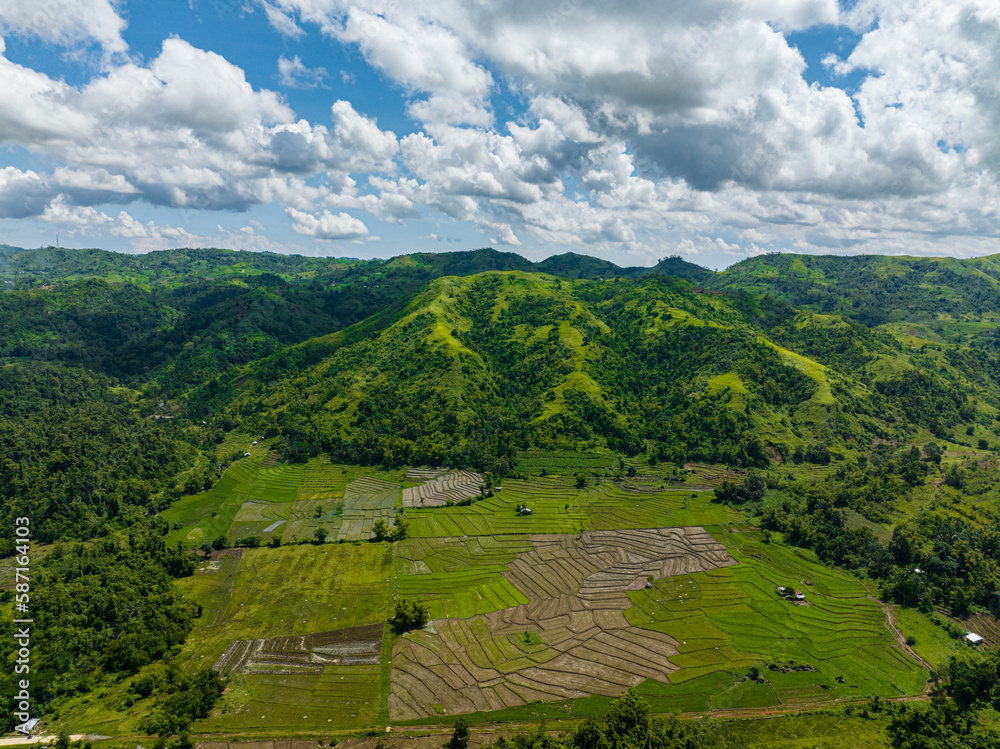 Top view of rice plantations and farmland among the mountains. Negros, Philippines