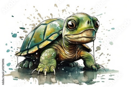 cute turtle on a vibrant green backdrop. Generative AI © AkuAku