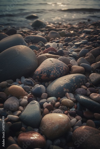 Pebble stones on the beach - soft focus with vintage filter.generative Ai