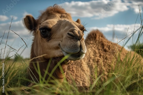 camel unwinding in a meadow of lush grass. Generative AI