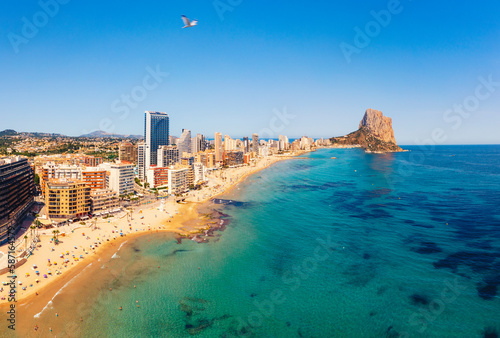 Aerial view of Calp city with beach and Ifach rock in Costa Blanca Spain photo