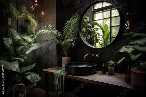 Black sink with faucet beneath circular mirror in contemporary tropical bathroom with green plants. Bohemian decor with new sink and faucet. Generative AI