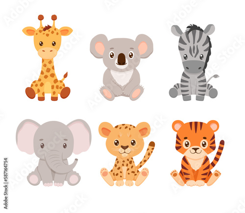 Cute tiger, elephant, giraffe, koala and cheetah,collection in cartoon style. Drawing african animals isolated on white.