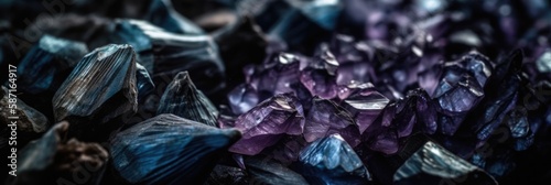 Blue and purple amethyst gemstone chips, sparkling and lustrous crystals scattered on rocky floor, shallow depth of field bokeh blur background, macro closeup - generative AI.