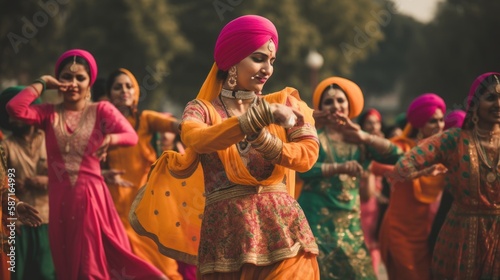 The Vibrant Colors of Vaisakhi, Dhol Drums and Dancing Feet in India Holiday. GENERATIVE AI