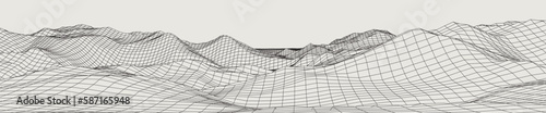 Abstract gentle hills in wireframe strokes. 3D grid technology illustration landscape. Digital Terrain Cyberspace in Mountains with valleys. Ultra Wide Size. Black on Gray. Vector