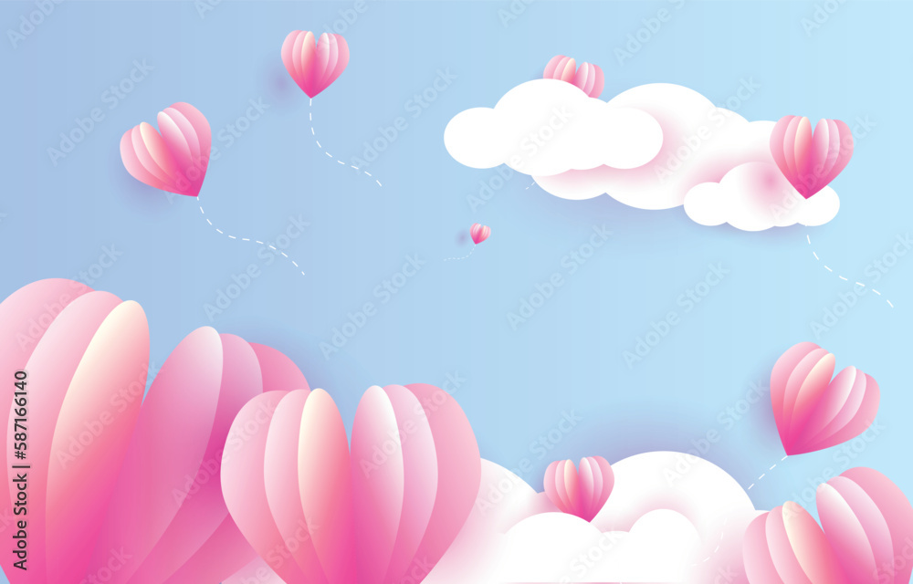 love.Valentine's day. Invitation card pink balloons heart on abstract background with text love.Vector illustration.paper craft style.