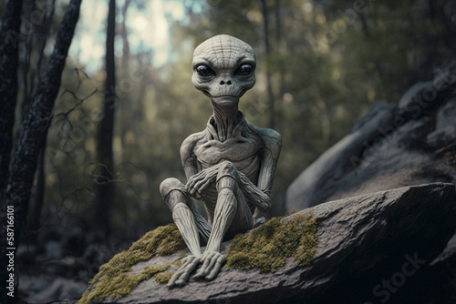 alien sitting on a rock in a forest,  Generative AI	
