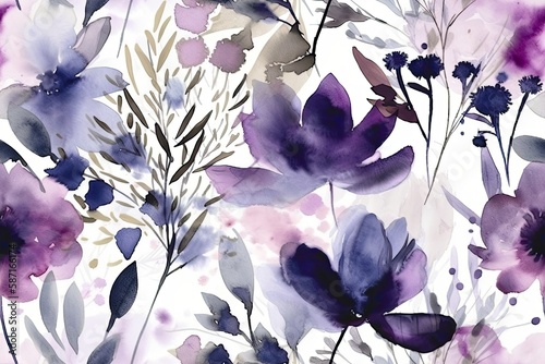 purple flowers painted in watercolor on a white background. Generative AI
