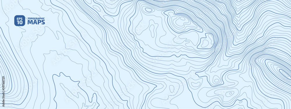 The stylized height of the topographic map contour in lines and contours. Blue colors. The concept of a conditional geography scheme and the terrain path. 1x1 Size. Vector illustration. - obrazy, fototapety, plakaty 