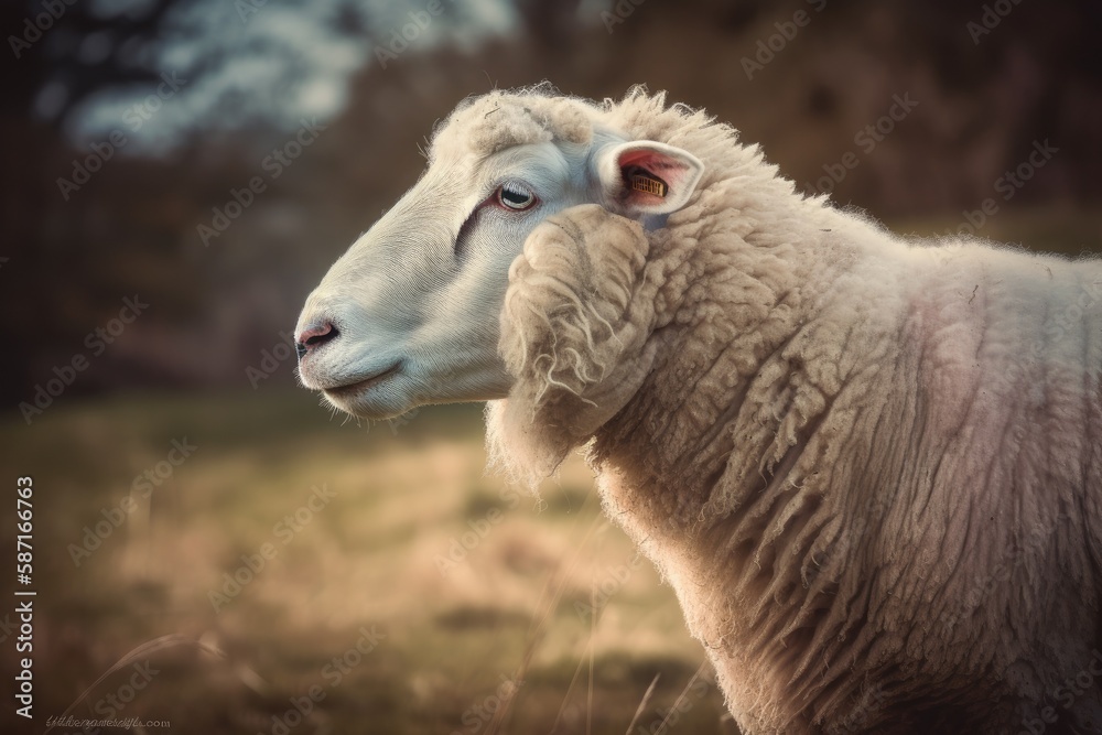 Fototapeta premium Grazing sheep portrait. Generative AI