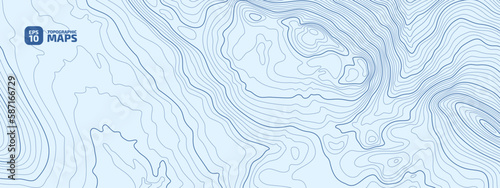 The stylized height of the topographic map contour in lines and contours. Blue colors. The concept of a conditional geography scheme and the terrain path. 1x1 Size. Vector illustration.