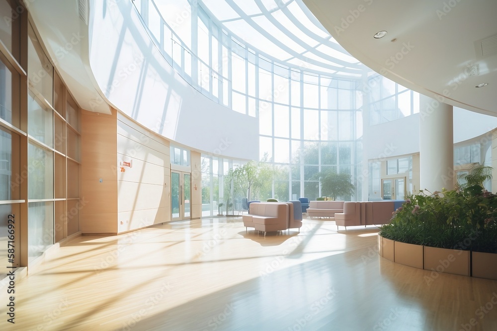 Fototapeta premium Modern office building interior created with Generative AI technology. Hospital hall interior with big windows and sofas