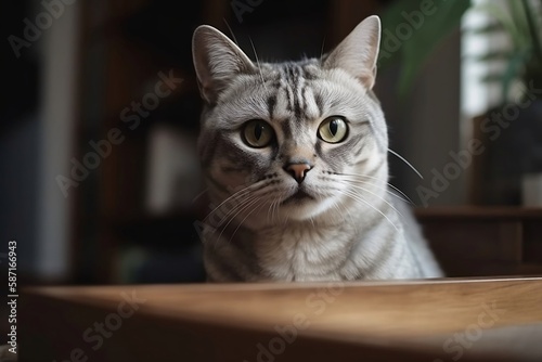 Adorable Face of a Cat. Closeup Shot with blur home Background © Thares2020