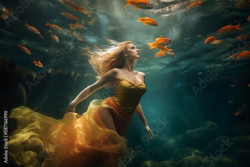 Woman in a yellow dress is swimming under the water with fishes and sun rays created with Generative AI technology