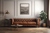 antique modern living room. a light colored wall and a grey wooden floor with a brown leather sofa. for your design, a mockup. Generative AI