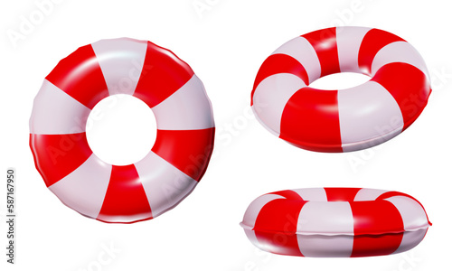 rendering of a red and white lifebuoy or inflatable ring from different angles. vector illustration in 3d style