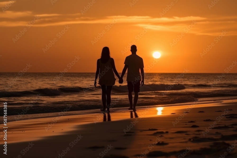 Silhouette of young couple holding hands and looking at sunset on the beach