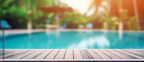 generative AI. Summer Serenity: Empty Board Table in Front of a Sparkling Swimming Pool with Blurred Background