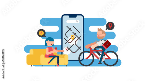 Female clients check location via mobile application, courier worker riding bicycle