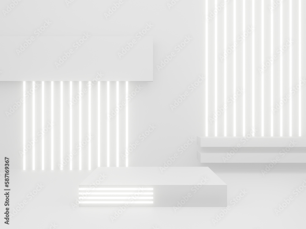 Fototapeta premium 3D White Sci-Fi product display mockup. Scientific background with white neon lights.