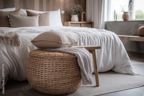 Hotel cleaning ideas. Pillows, cushions, and wicker laundry basket with bedding, duvet, or plaid on wooden bench in bedroom. Room décor, vase, and slippers. Generative AI