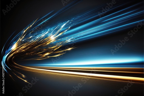 Abstract of speed car racing of taillight in streak with blue and gold color concept. Art in digital street background. Finest generative AI. photo
