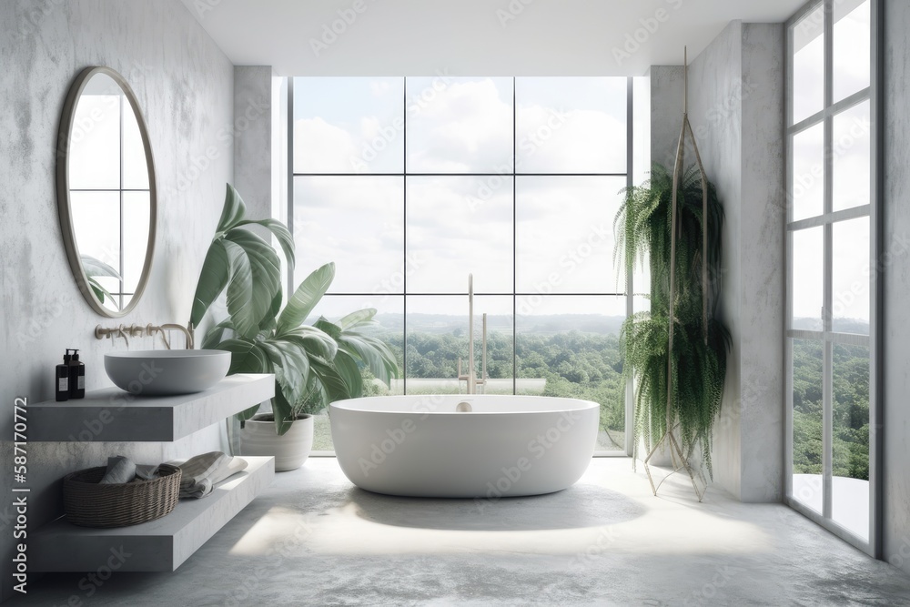 Interior of a white bathroom with a view of the tropics and panoramic windows. example of a mockup. Generative AI