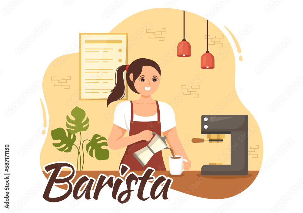 Barista Illustration With Wearing Standing Apron Making Coffee for Customer in Flat Cartoon Hand Drawn Landing Page or Web Banner Template Barista Illustration With Wearing Standing Apron Making Coffee for Customer in Flat Cartoon Hand Drawn Landing Page or Web Banner Template