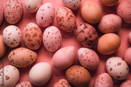 brown and white eggs on a pink surface. Generative AI