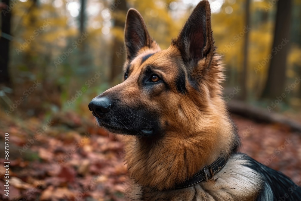Dog A German Shepherd outside on a crisp fall day. Walking through a park or a woodland. Generative AI Dog A German Shepherd outside on a crisp fall day. Walking through a park or a woodland. Generative AI