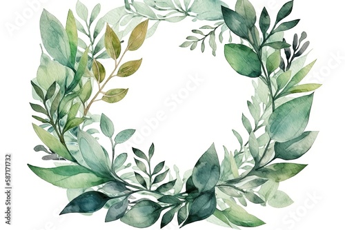 delicate watercolor wreath with lush green leaves on a clean white background. Generative AI