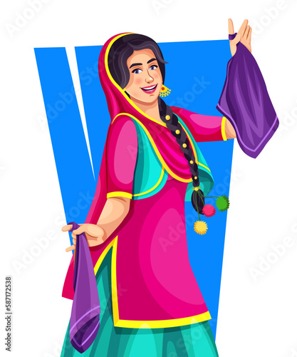 Indian Punjabi happy young woman enjoying occasion like Lohri and Baisakhi function dance party isolate on white background. Girl wearing ethnic Indian cloth Lehenga.