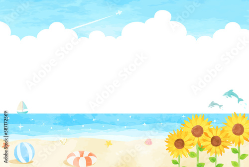 ヒマワリとビーチの背景イラスト