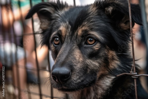A dog stuck in a pen at an adoption market for animals rescued from the streets, GOIANIA GOIAS, Brazil, August 13, 2022. Generative AI