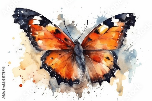 colorful butterfly painted in watercolor on a plain white background. Generative AI © AkuAku