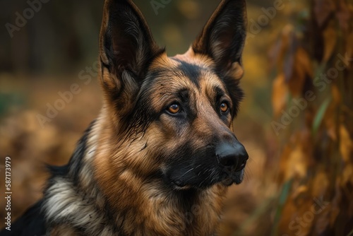German Shepherd dog portrait in outdoor setting against a green and brown background. Generative AI