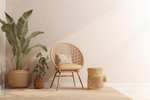 Mockup of an empty wall in a warm, beige room with a wicker chair, a palm plant in a basket, and other bohemian style accents. Illustration,. Generative AI
