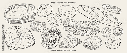 Set of fresh breads and pastries.Hand drawn sketches, vector illustrations.