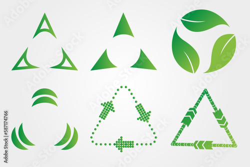 Recycle icon set. Set of symbols and signs for the design of packaging products, information about transported goods and recycling sign, green symbols isolated on a white background