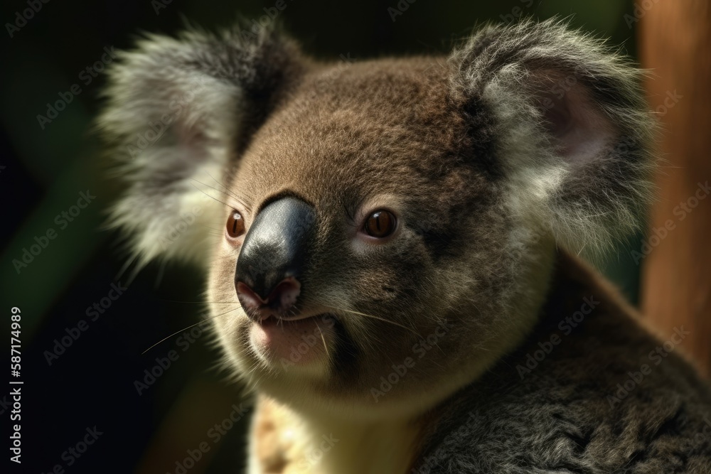 Fototapeta premium cute and fuzzy koala resting on a eucalyptus tree branch. Generative AI