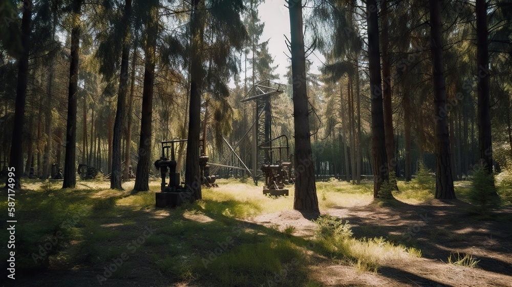 Obraz premium Oil rig in forest. Fir trees and oil pumps. Generative AI