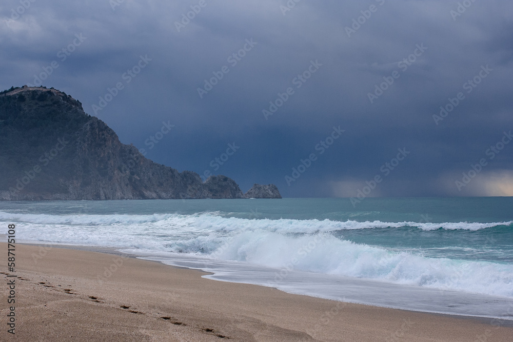 Big storm waves of Mediterranean sea on Alanya beach Turkey coast