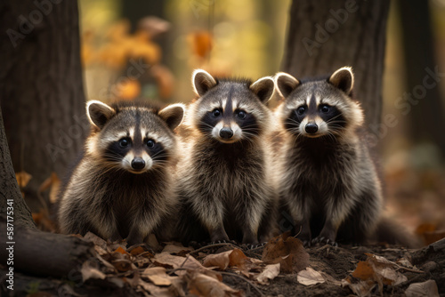 Three cute raccoons. Generative AI. © YULIYA